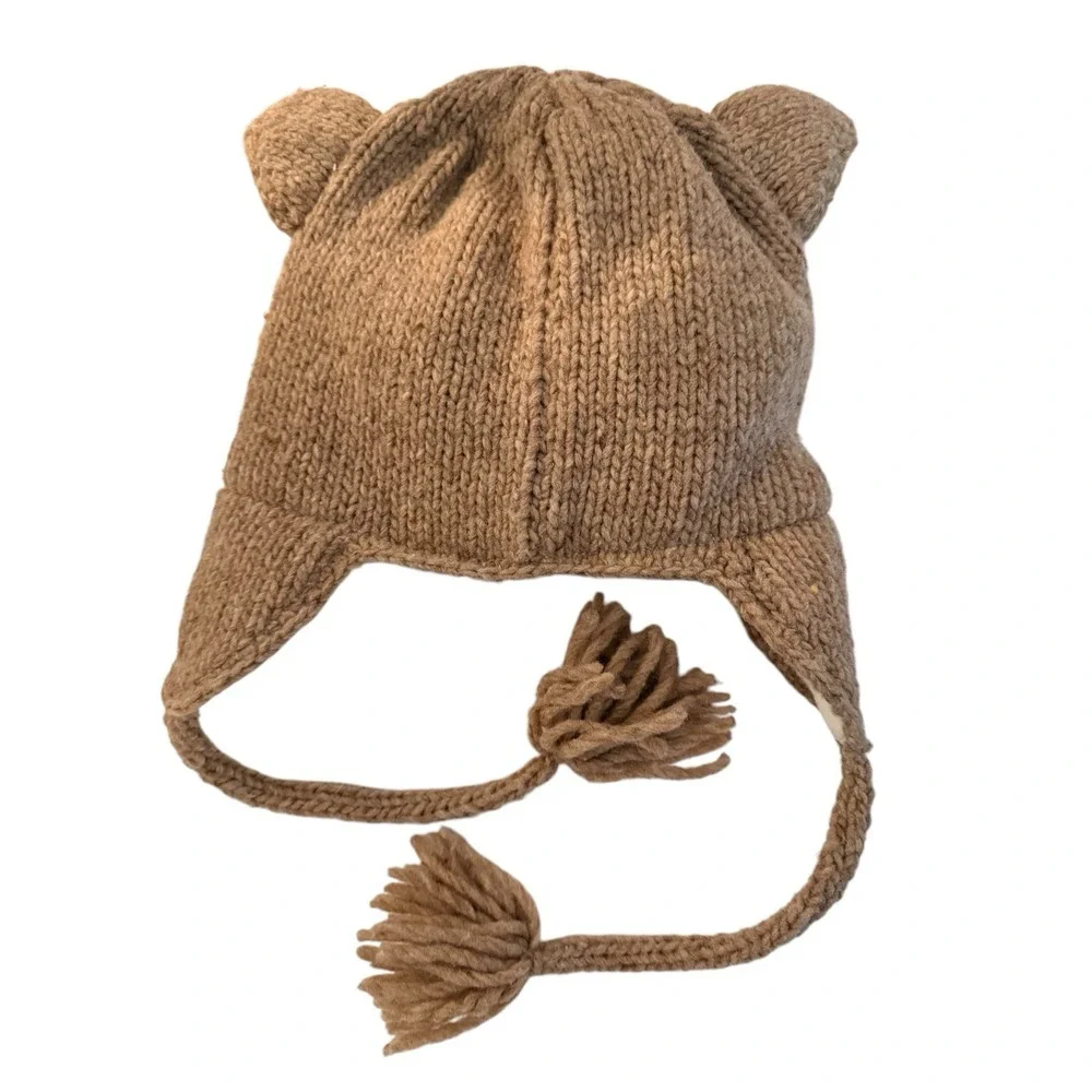 Vive Bien Hand Knit Wild Cat Trapper Hat RETIRED 100% Wool Fleece Lined Ecuador